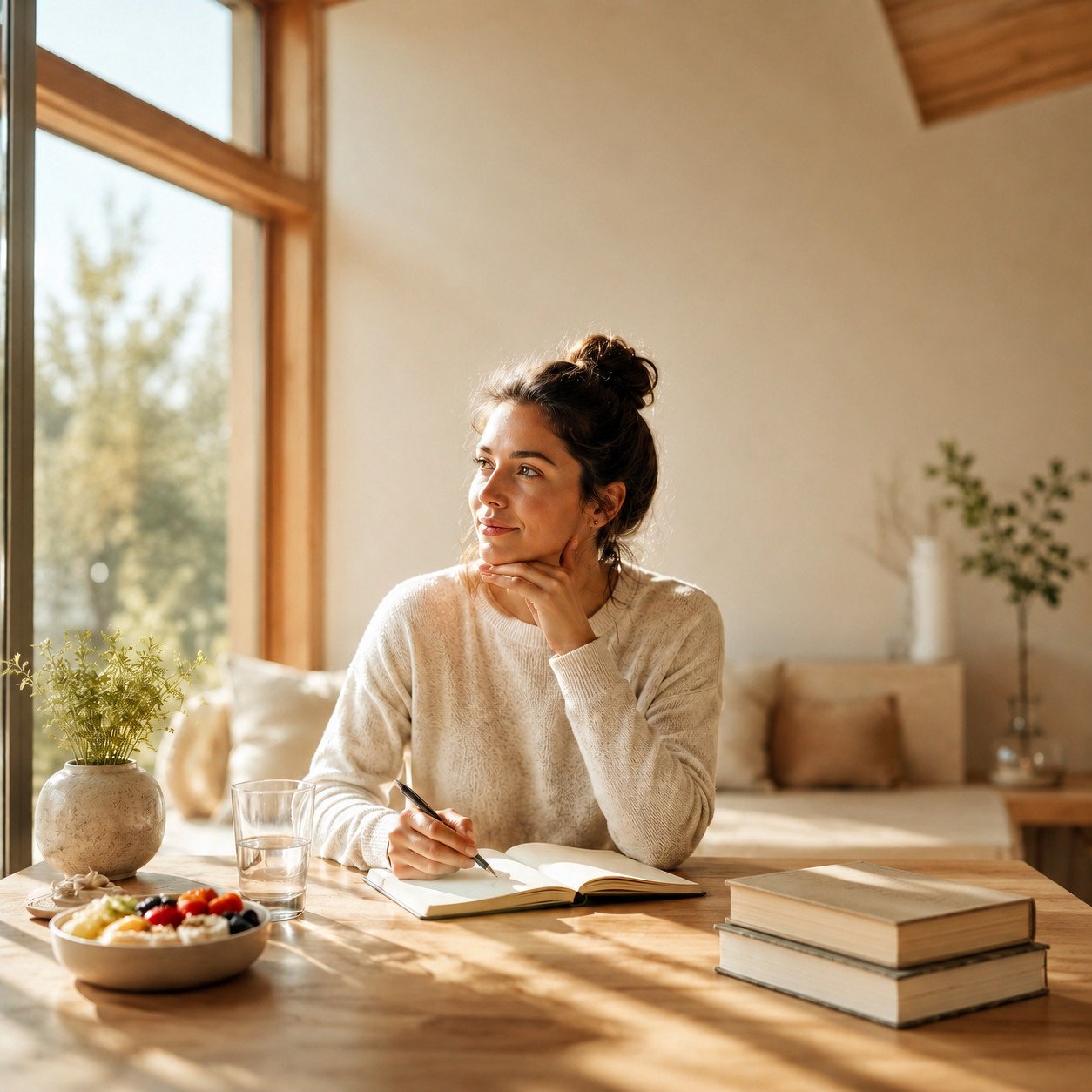 A woman writing in a journal at a sunlit table at home